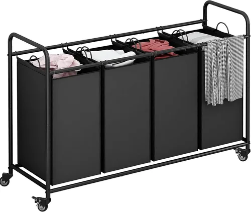 Vista 12 de LINZINAR Clasificador de ropa sucia de 3 bolsas, carrito de lavandería con ruedas enrollables resistentes y bolsas extraíbles (gris) Laundry Room