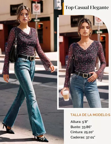 Vista 4 de GRACE KARIN Blusas de malla estilo bohemio para mujer, estilo casual Floral negro