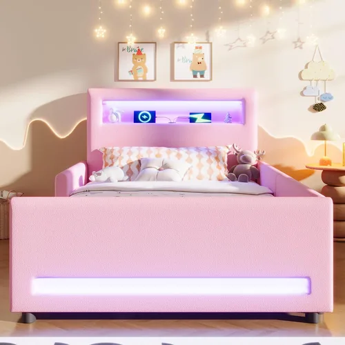 Vista 5 de Base de cama tapizada de tamaño individual con cajón de almacenamiento y cabecera de estante, cama suave de piel sintética con luz LED, carga USB