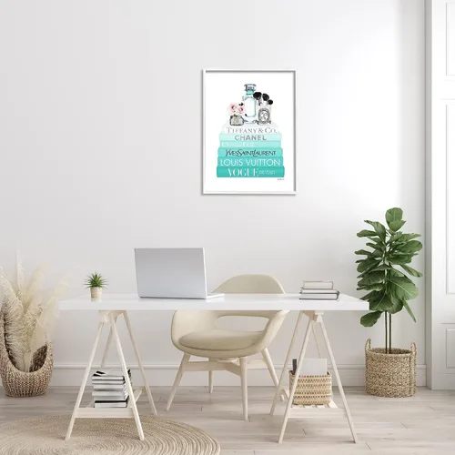 Vista 2 de Stupell Industries Glam Fashion Cosmetics Soft Roses - Librero azul diseñado por Amanda Greenwood, arte de pared enmarcado en blanco, 24 x 30