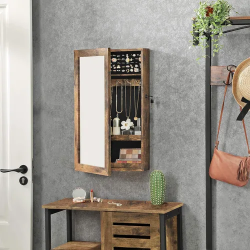 Vista 6 de SONGMICS Armario de joyería con cerradura con espejo, organizador de almacenamiento de joyas para ahorrar espacio montado en la pared, color marrón