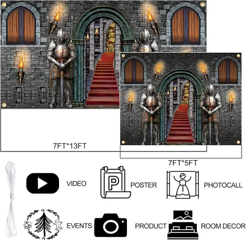 Vista 3 de Mixweer Decoraciones medievales de 7 x 13 pies para fiestas, telón de fondo de castillo, decoración medieval de pared para suministros de fiesta