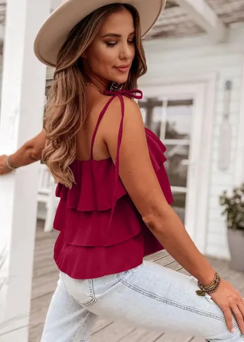 Vista 4 de KIRUNDO Camiseta sin mangas con tirantes delgados para mujer, de verano, con capas, con volantes, con lazo en el hombro, con vuelo, sin mangas
