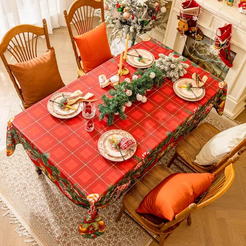 Vista 2 de Softalker Mantel rectangular navideño - Rojo tartán a cuadros impreso con campanas de Navidad y caramelos, manteles de poliéster lavables de tela