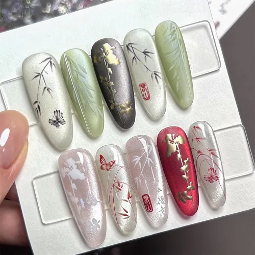 Vista 9 de Pegatinas de arte de uñas de estilo chino 5D Calcomanías de uñas en relieve autoadhesiva para mujeres y niñas DIY uñas salón de manicura (bambú)