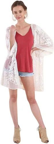 Vista 3 de Umgee Oh Sweet Lace! Kimono de encaje floral con frente abierto con lazo en la cintura