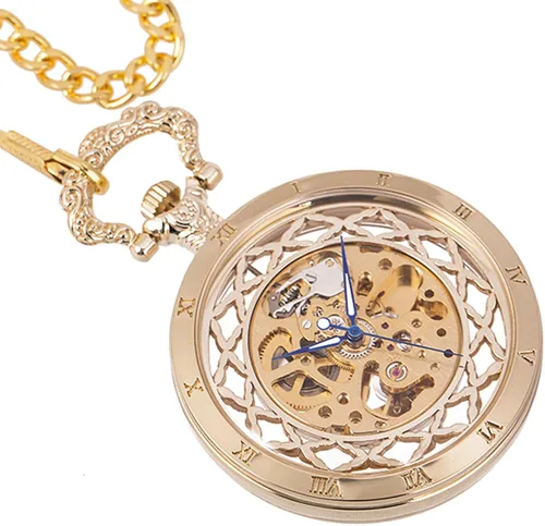 Vista 3 de ManChDa Reloj de bolsillo mecánico vintage negro con cadena para hombres + caja