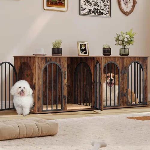Vista 11 de Hzuaneri 63" Mueble de jaula para perros para 2 perros, jaula de perro interior resistente con soporte para TV, jaula de madera para perros L