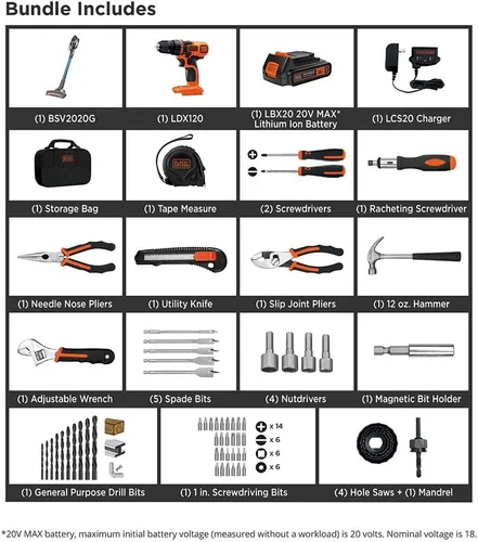 Vista 2 de BLACK+DECKER 20V MAX - Kit de herramientas para el hogar con taladro y aspiradora inalámbrica de mano Powerseries Extreme, Azul (LDX120PK & BSV2020G)