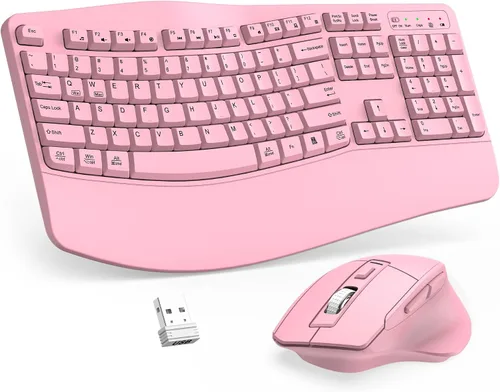 Vista 13 de Combo de teclado y mouse inalámbricos, teclado ergonómico de tamaño completo 2.4G con diseño de teclas onduladas y reposamuñecas, mouse ergonómico