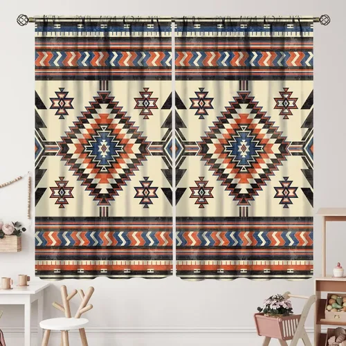 Vista 322 de Cortinas con patrón geométrico tribal, estilo suroeste, azteca, rústico, occidental, nativo americano, opacas, con bolsillo para barra, decoración