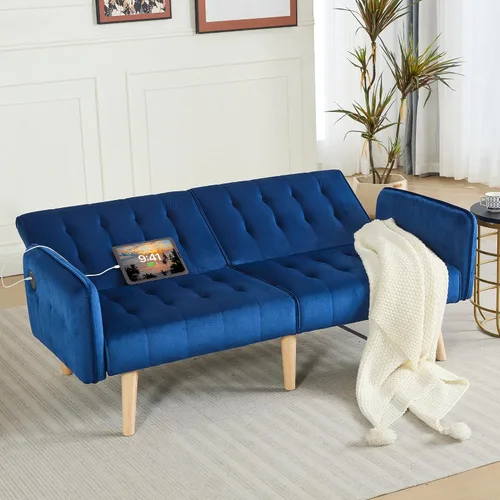 Vista 9 de TYBOATLE Sofá Cama Futón Plegable Convertible Moderno de Terciopelo de 65" de Ancho con 2 Puertos de Carga USB para Espacio de Vida Compacto, Sofás