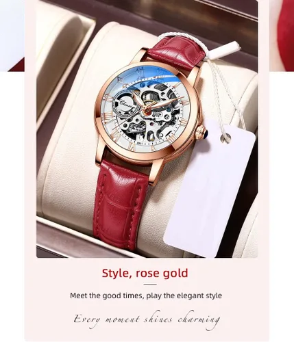 Vista 6 de Reginald Reloj mecánico para mujer, en forma de corazón, movimiento mecánico de oro, reloj mecánico automático para mujer, Negro -, Moda casual