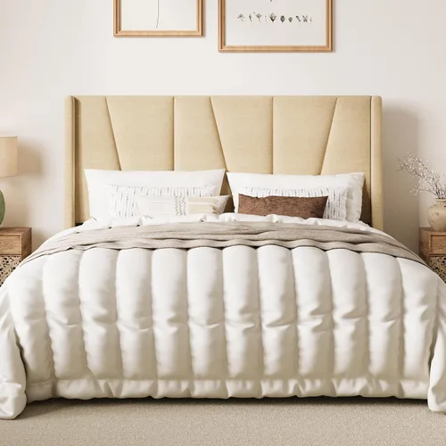 Vista 16 de SHA CERLIN Base de cama tamaño Queen con cabecera geométrica con respaldo de ala, plataforma tapizada con soporte de listones de madera, espacio Gris