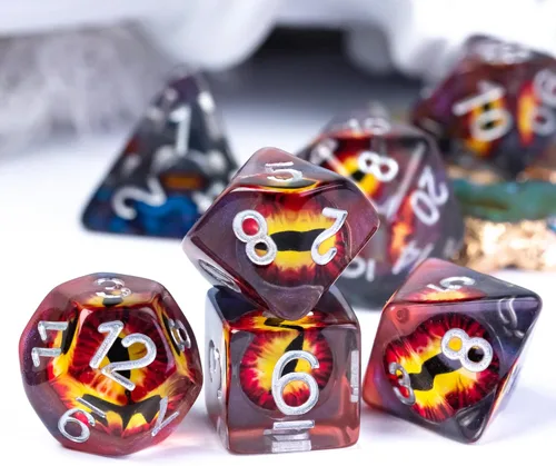 Vista 3 de Cusdie Dados DND de 7 troqueles, juego de dados poliédricos rellenos de globo ocular, para juegos de rol, dados D&D (globo ocular marrón)