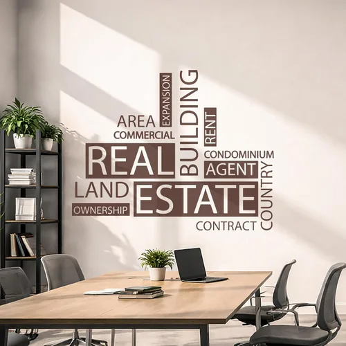 Vista 2 de Vinilo grande para pared, diseño de agencia inmobiliaria, palabras, agente inmobiliario, decoración de oficina, mural (ig6162), color negro, M, 22.5