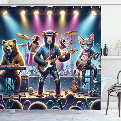 Vista 3 de Ambesonne Cortina de ducha con banda de animales, mono de concierto caprichoso con teclado, oso, guitarrista, gato, juego de decoración de baño