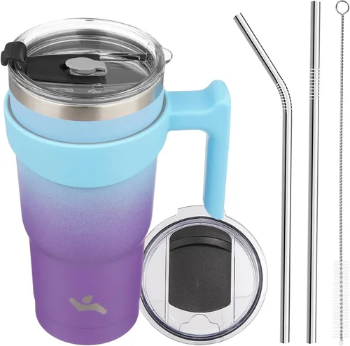 Vista 10 de Konokyo - Vaso de 10 onzas con asa y 2 popotes, 2 tapas, botella de agua aislada de acero inoxidable, taza de viaje reutilizable, color verde militar