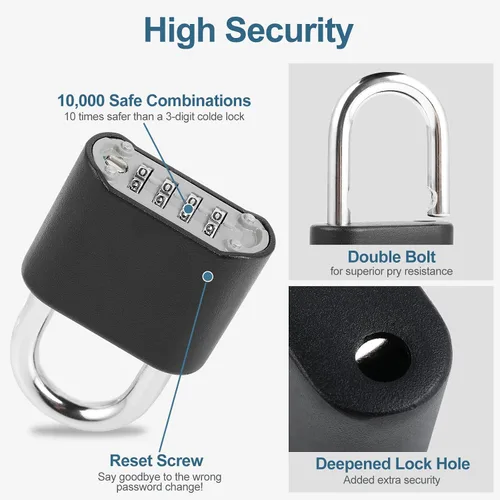 Vista 3 de DELSWIN Candado de combinación de alta resistencia – Cerradura de combinación de 4 dígitos con grillete de acero endurecido, cerradura combinada