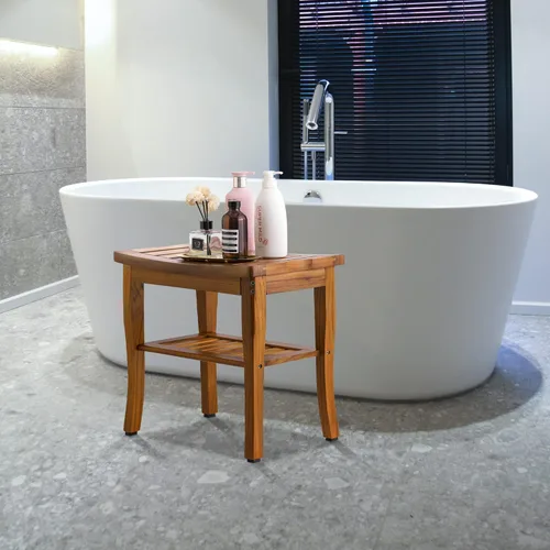 Vista 6 de VaeFae Banco de ducha de teca, taburete de ducha de baño de spa con estante de almacenamiento, taburete de asiento de madera para baño