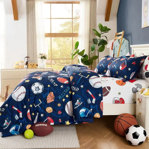 Vista 6 de Juego de edredón deportivo de 7 piezas para niños, suave y esponjoso, juego de ropa de cama de béisbol, tamaño individual con diseño de fútbol 3D