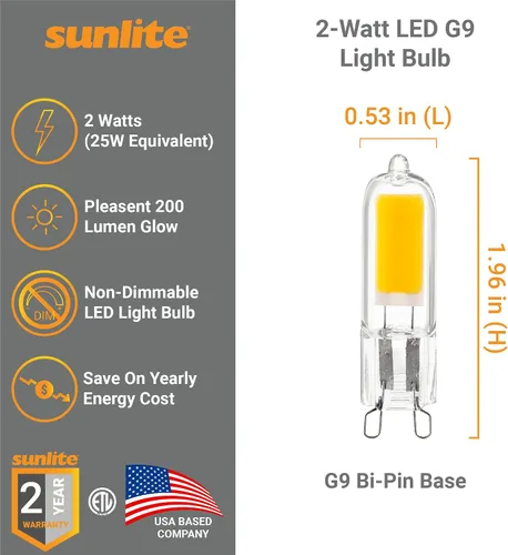 Vista 3 de Sunlite Bombilla LED G9 con base de dos pines, 2 vatios (equivalente a halógeno de 25 W), 200 lúmenes, no regulable, luz diurna de 5000 K, paquete