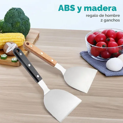Vista 7 de HaSteeL - Juego de 2 espátulas de metal para plancha de acero inoxidable con asas de plástico ABS, herramientas profesionales para plancha