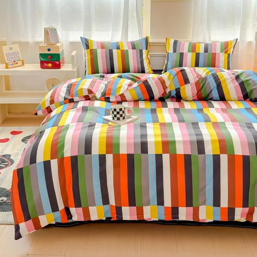 Vista 11 de LIWHENHAO Juego de funda de edredón a rayas arcoíris tamaño individual 100% algodón ropa de cama colorida azul rojo negro rayas de grafiti sobre