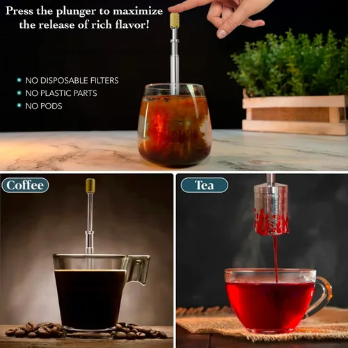 Vista 2 de FinalPress Cafetera y té original, prensa micro francesa portátil de acero inoxidable, tecnología patentada 3 en 1 para preparar bebidas calientes