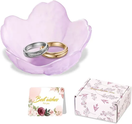 Vista 10 de Regalos para mujeres, plato para baratijas con flores, plato para joyería de vidrio rosa, soporte para anillos, bandeja de joyería, decoración