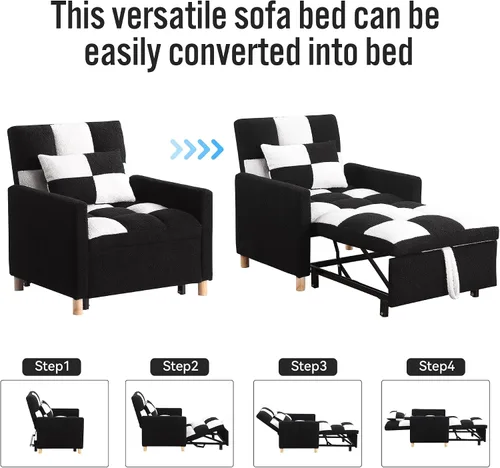 Vista 4 de Sofá cama convertible 3 en 1, silla convertible multifuncional, tela de peluche suave para sala de estar, apartamento, oficina Negro&blanco