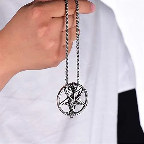 Vista 6 de Collar de pentáculo de acero inoxidable con cabeza de cabra satánica Baphomet, colgante de pentagrama invertido, cadena de 24 pulgadas, Acero