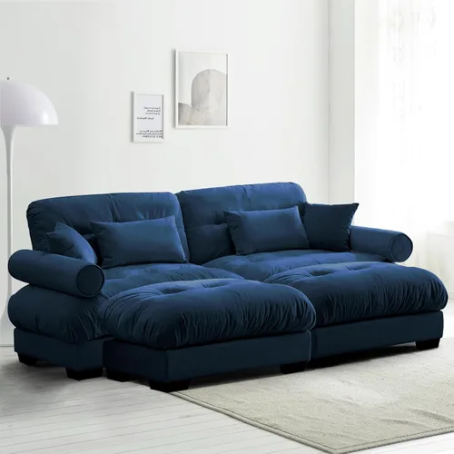 Vista 9 de Reposapiés Otomano Tapizado de Terciopelo con Cojín para Sofá Seccional Sofá 300 libras para Sala de Estar (Beige)
