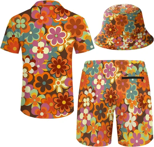 Vista 2 de Conjunto de camisa y pantalones cortos de los años 80 para hombre, traje de los años 80 y 90, trajes de camisa de los años 90 con sombreros