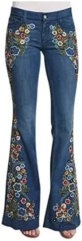 Vista 2 de Jeans acampanados para mujer, jeans bordados florales, elásticos, acampanados, talla grande, pantalones de mezclilla de pierna ancha Y2K