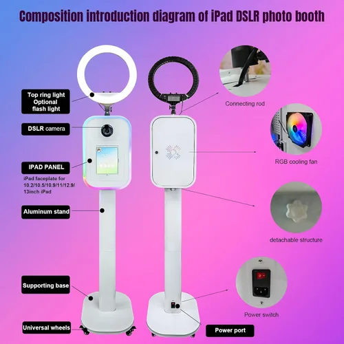 Vista 4 de Máquina portátil de cabina de fotos 2 en 1 - Compatible con iPad 10.2-13 y cámara DSLR, con funda de vuelo, control de aplicación RGB luz