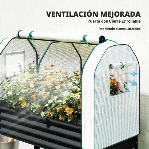 Vista 4 de Outsunny Cama de jardín elevada galvanizada con cubierta de invernadero, cama de jardín elevada de metal con patas, forro de cama y estante