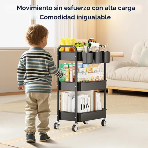 Vista 2 de YASONIC Carrito Rodante de 3 Niveles - Carrito Utilitario de Metal con Ruedas, Tazas Colgantes, Ganchos, Organizador de Almacenamiento de Malla