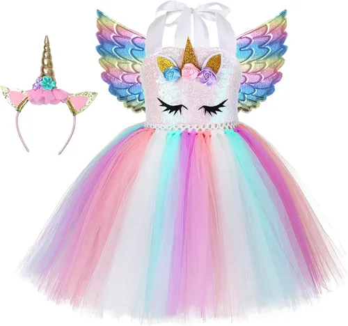 Vista 2 de Soyoekbt Girls Unicorn Costume LED Light Up Unicorn Princess Dress Birthday Party Outfit Halloween Tutu Dress with Headband