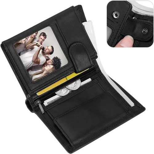 Vista 4 de Billetera Triple de Cuero Vacuno con Bloqueo RFID para Hombres, 10 Ranuras para Tarjetas, 2 Ventanas de Identificación con Bolsillo para Monedas
