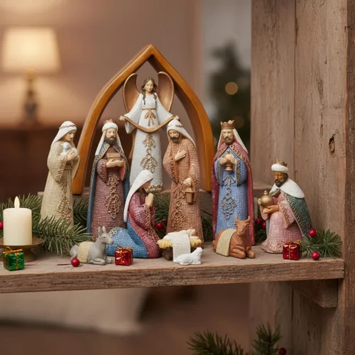 Vista 6 de Comfy Hour Faith and Hope Collection Baby Jesus, Santa Familia con Ángel, Belén de Navidad, juego de 11 piezas, poliresina