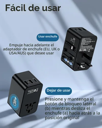 Vista 6 de FOVAL Adaptador de enchufe de viaje europeo, adaptador de viaje universal con cable USB C retráctil, adaptador de corriente internacional todo
