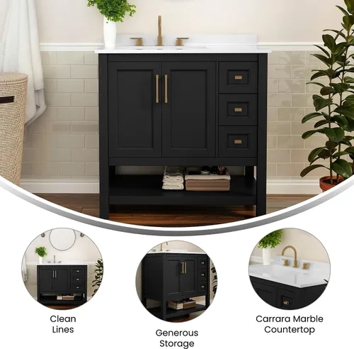 Vista 4 de Flash Furniture Vega - Tocador de baño con lavabo de 36 pulgadas, armario de almacenamiento con puertas de cierre suave, estante abierto y 3