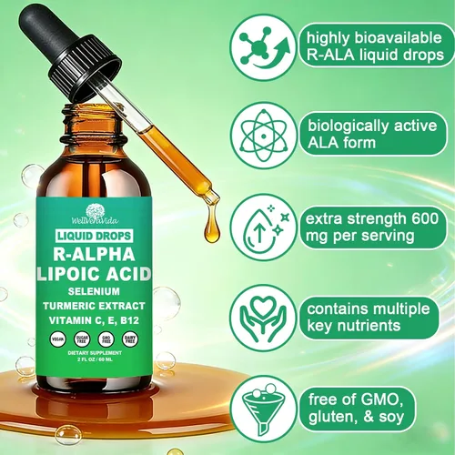 Vista 5 de Gotas líquidas de ácido alfa lipoico, suplemento ALA Ácido alfa lipoico 600 mg para antioxidantes, apoyo del metabolismo nervioso y energético