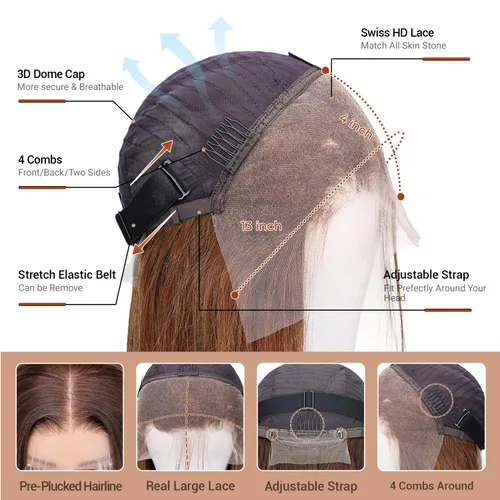 Vista 3 de Peluca de cabello humano lacio marrón con reflejos de 13 x 4, peluca frontal de encaje transparente #4, peluca corta Bob para mujeres negras