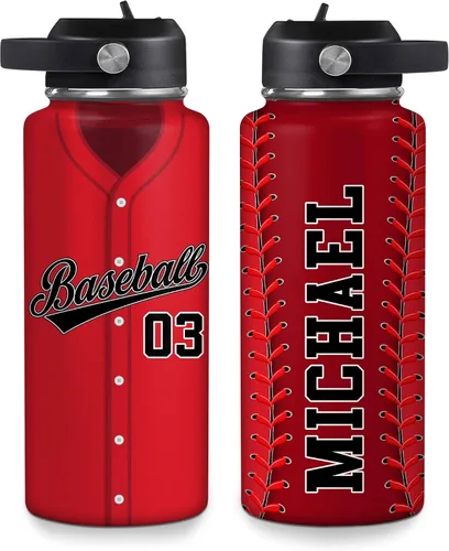 Vista 11 de Hyturtle Botella de agua de béisbol personalizada, botella de acero inoxidable aislada de viaje con tapa a prueba de fugas, 18 onzas, 32 onzas
