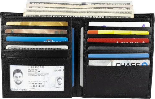 Vista 2 de Billetera negra plegable de cuero para hombre con RFID protegida cartera, Negro -, Billetera plegable