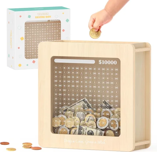 Vista 9 de Summidate Caja de ahorro de dinero de madera, caja de ahorro de ventana transparente con calcomanías de bricolaje, alcancía de oso personalizada