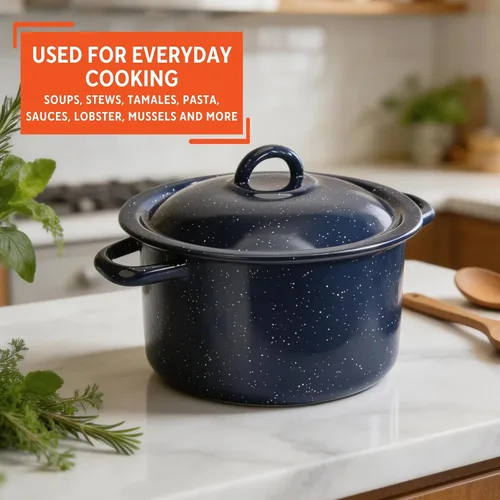 Vista 6 de IMUSA Olla esmaltada moteada azul de 6 cuartos con tapa, utensilios de cocina tradicionales mexicanos esmaltados para cocina diaria y uso