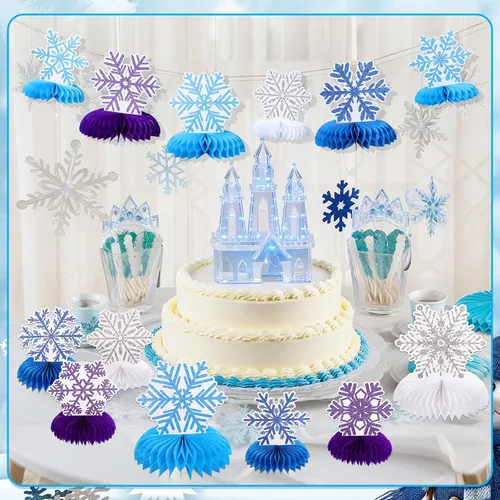 Vista 7 de 12 PIEZAS Centros de Mesa de Panal en Forma de Copo de Nieve para Mesas, Decoraciones de Fiesta de Cumpleaños de Frozen, Centros de Mesa de Copo